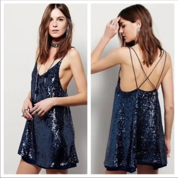 Free People | Dresses | Free People Blue Sequin Mini | Poshmark
